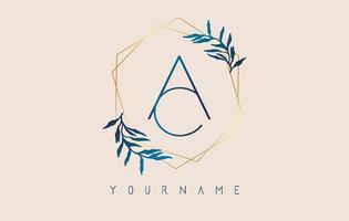 Letters AC a c Logo with golden polygon frames and gradient blue leaves design. vector