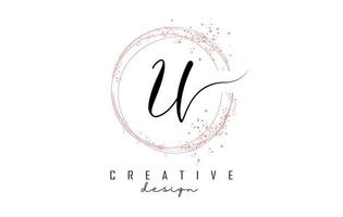 Sparkling circles and dust pink glitter frame for handwritten U letter logo. vector