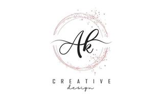 Handwritten AK a k letters logo with dust pink sparkling circles and glitter. vector