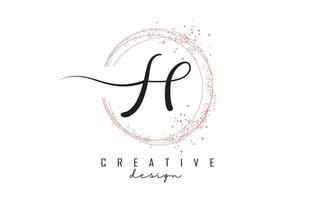 Sparkling circles and dust pink glitter frame for handwritten H letter logo. vector