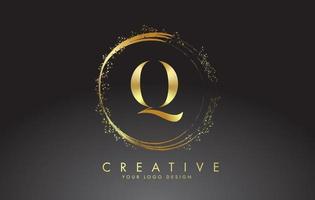 Q golden letter logo with golden sparkling rings and dust glitter on a black background. Luxury decorative shiny vector illustration.