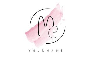 Handwritten MC M C Letters Logo with Pink Pastel Watercolor Brush Stroke Concept. vector