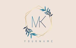 Letters MK M K Logo with golden polygon frames and gradient blue leaves design. vector