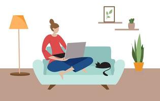 Woman working from home on her computer and sitting on her couch with her black cat. Flat style vector illustration.