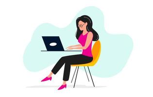 Business woman working in office behind her desk with a laptop, flat character design, vector illustration.