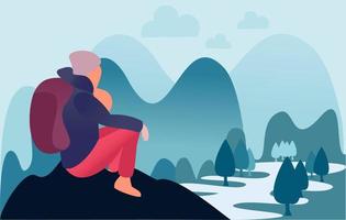Young woman, tourist, climber, hiker on the edge of a cliff with a backpack. The traveler sits on a rock admiring the landscape with mountains and river. vector