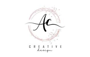 Handwritten AC a c letters logo with dust pink sparkling circles and glitter. vector