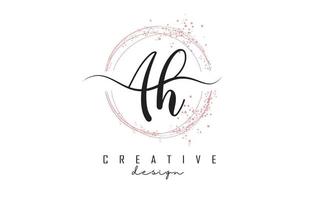 Handwritten AH a h letters logo with dust pink sparkling circles and glitter. vector