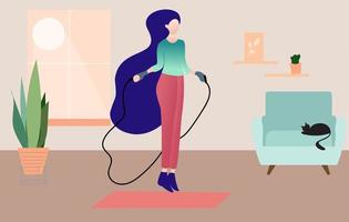 Woman jumps skipping rope playing sport at home. Concept living room with sofa, plant and a sleepy cat. Flat vector illustration.