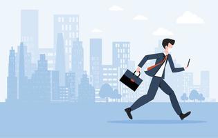 Businessman with briefcase in his hand and mask on his face running fast holding his mobile.  Flat style vector character illustration with cityscape, landscape.
