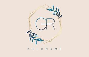 Letters GR g r Logo with golden polygon frames and gradient blue leaves design. vector