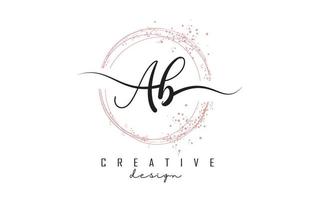 Handwritten AB a b letters logo with dust pink sparkling circles and glitter. vector