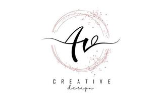 Handwritten AV a v letters logo with dust pink sparkling circles and glitter. vector