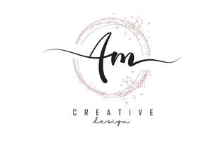 Handwritten AM a m letters logo with dust pink sparkling circles and glitter. vector