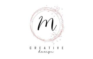 Sparkling circles and dust pink glitter frame for handwritten M letter logo. vector