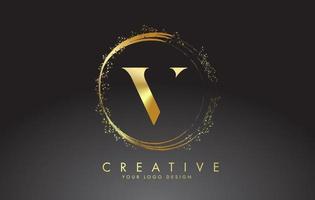 V golden letter logo with golden sparkling rings and dust glitter on a black background. vector