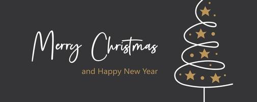 feliz navidad y próspero año nuevo tarjeta de felicitación plantilla de banner vacaciones de invierno vector arte lineal doodle árbol de navidad con letras elegante diseño oscuro