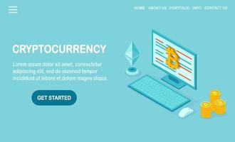 Cryptocurrency and blockchain. Mining bitcoins. Digital payment with virtual money, finance. 3d isometric computer, laptop with coin, token. Vector design for banner