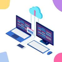 Cloud storage technology. Data backup. 3d isometric laptop, computer, pc with mobile phone isolated on background. Hosting service for website. Vector design for banner