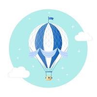 Vintage retro hot air balloon with basket in sky isolated on background. Vector cartoon design