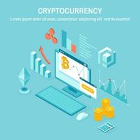 Cryptocurrency and blockchain. Mining bitcoins. Digital payment with virtual money, finance. 3d isometric computer, laptop with coin, token. Vector design for banner