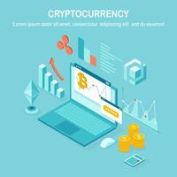 Cryptocurrency and blockchain. Mining bitcoins. Digital payment with virtual money, finance. 3d isometric computer, laptop with coin, token. Vector design for banner