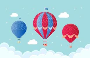 Set of vintage retro hot air balloon with basket in sky isolated on background. Vector cartoon design