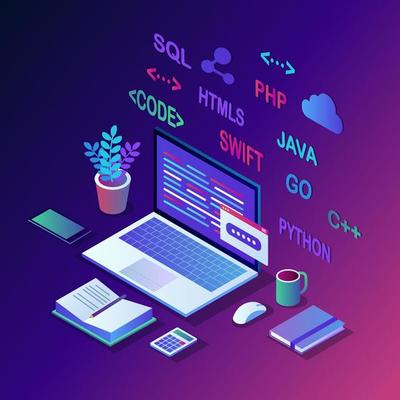 Software development, programming language, coding. 3d isometric laptop, computer with digital application isolated on white background. Vector design