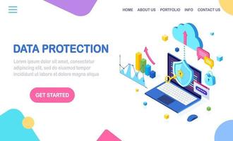 Data protection. Internet security, privacy access with password. 3d isometric computer pc with key, lock, shield, graph, chart. Vector design for banner