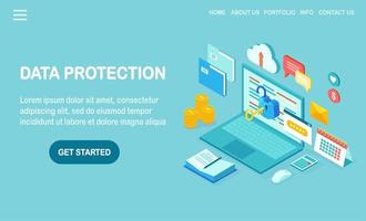 Data protection. Internet security, privacy access with password. 3d isometric computer pc with key, open lock, folder, cloud, documents, laptop, money. Vector design for banner