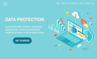 Data protection. Internet security, privacy access with password. 3d isometric computer pc with key, lock, shield, laptop, graph, chart. Vector design for banner