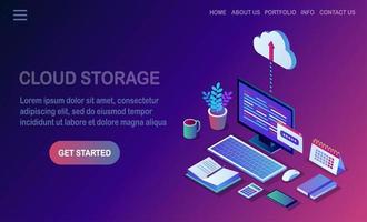 Cloud storage technology. Data backup. 3d isometric computer, pc with mobile phone isolated on background. Hosting service for website. Vector design for banner