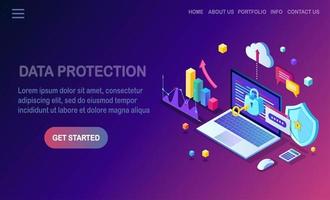 Data protection. Internet security, privacy access with password. 3d isometric computer pc with key, lock, shield, laptop, graph, chart. Vector design for banner