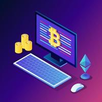 Cryptocurrency and blockchain. Mining bitcoins. Digital payment with virtual money, finance. 3d isometric computer, laptop with coin, token. Vector design for banner