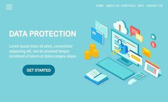 Data protection. Internet security, privacy access with password. 3d isometric computer pc with key, open lock, folder, cloud, documents, laptop, money. Vector design for banner