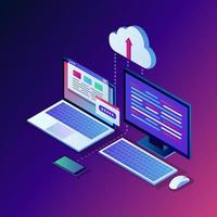 Cloud storage technology. Data backup. 3d isometric laptop, computer, pc with mobile phone isolated on background. Hosting service for website. Vector design for banner