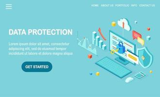 Data protection. Internet security, privacy access with password. 3d isometric computer pc with key, lock, shield. Vector design for banner