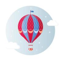 Vintage retro hot air balloon with basket in sky isolated on background. Vector cartoon design