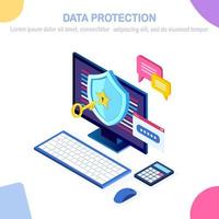 Data protection. Internet security, privacy access with password. 3d isometric computer pc with key, lock, shield, message bubble. Vector design for banner