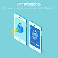 Data protection. Scan fingerprint to mobile phone. Smartphone id security system. Digital signature concept. Biometric Identification technology, personal access. 3d isometric phone Vector design