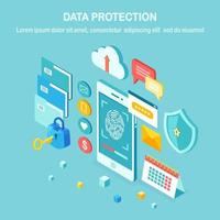 protección de Datos. escanear la huella dactilar al teléfono móvil. sistema de seguridad de identificación de teléfono inteligente. firma digital. tecnología de identificación biométrica, acceso personal. Cerradura isométrica 3d, llave, escudo. diseño vectorial vector