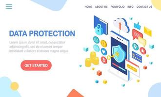 Data protection. Internet security, privacy access with password. 3d isometric mobile phone with key, shield, lock, folder, cloud, documents, credit card, money, message. Vector design for banner