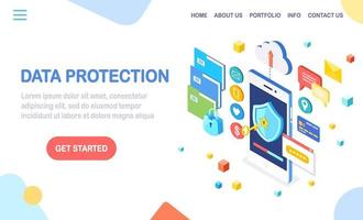Data protection. Internet security, privacy access with password. 3d isometric mobile phone with key, shield, lock, folder, cloud, documents, credit card, money, message. Vector design for banner