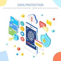 protección de Datos. escanear la huella dactilar al teléfono móvil. sistema de seguridad de identificación de teléfono inteligente. firma digital. tecnología de identificación biométrica, acceso personal. Cerradura isométrica 3d, llave, escudo. diseño vectorial vector