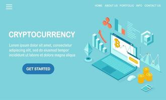 Cryptocurrency and blockchain. Mining bitcoins. Digital payment with virtual money, finance. 3d isometric computer, laptop with coin, token. Vector design for banner