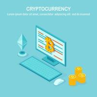 Cryptocurrency and blockchain. Mining bitcoins. Digital payment with virtual money, finance. 3d isometric computer, laptop with coin, token. Vector design for banner