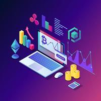 Cryptocurrency and blockchain. Mining bitcoins. Digital payment with virtual money, finance. 3d isometric computer, laptop with coin, token. Vector design for banner