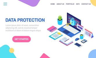 Data protection. Internet security, privacy access with password. 3d isometric computer pc with key, lock. Vector design for banner