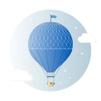 Vintage retro hot air balloon with basket in sky isolated on background. Vector cartoon design