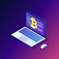 Cryptocurrency and blockchain. Mining bitcoins. Digital payment with virtual money, finance. 3d isometric computer, laptop with coin, token. Vector design for banner